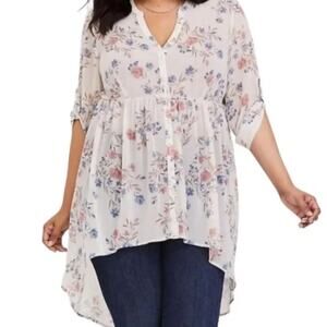 Torrid Cream floral hi-low tie-cuffs figure‎ flattering semi sheer chiffon tunic